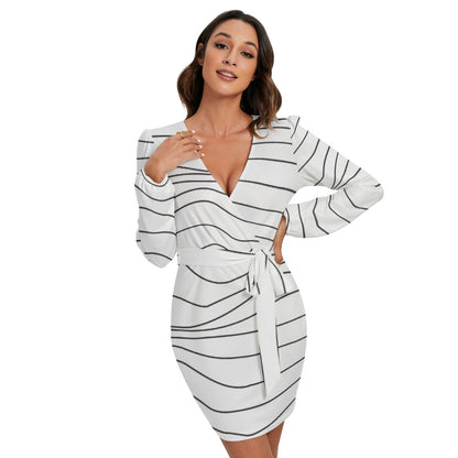 Ptahra B White/Dark Grey Women's Long Sleeve Dress With Waist Belt