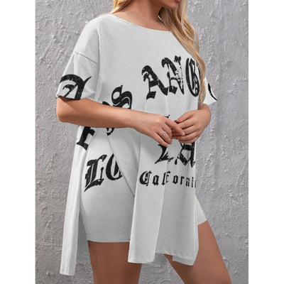 Ptahra B Women's Los California White Drop-Shoulder T-Shirt with Side Split and Shorts