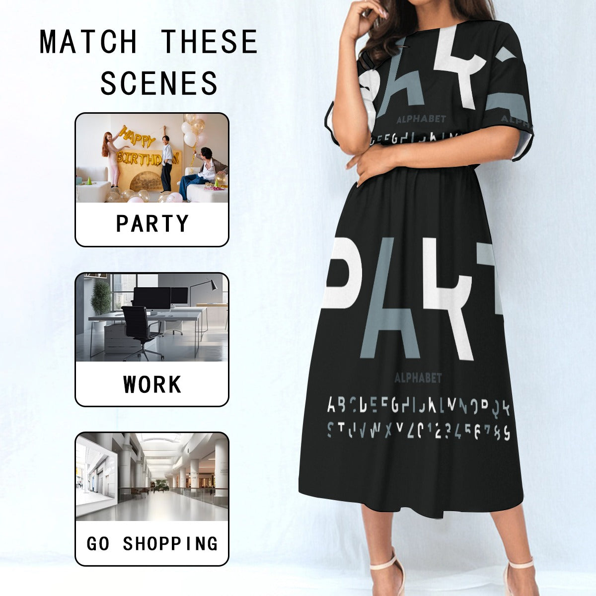 Ptahtra B Women's Black with Lettering Elastic Waist Dress