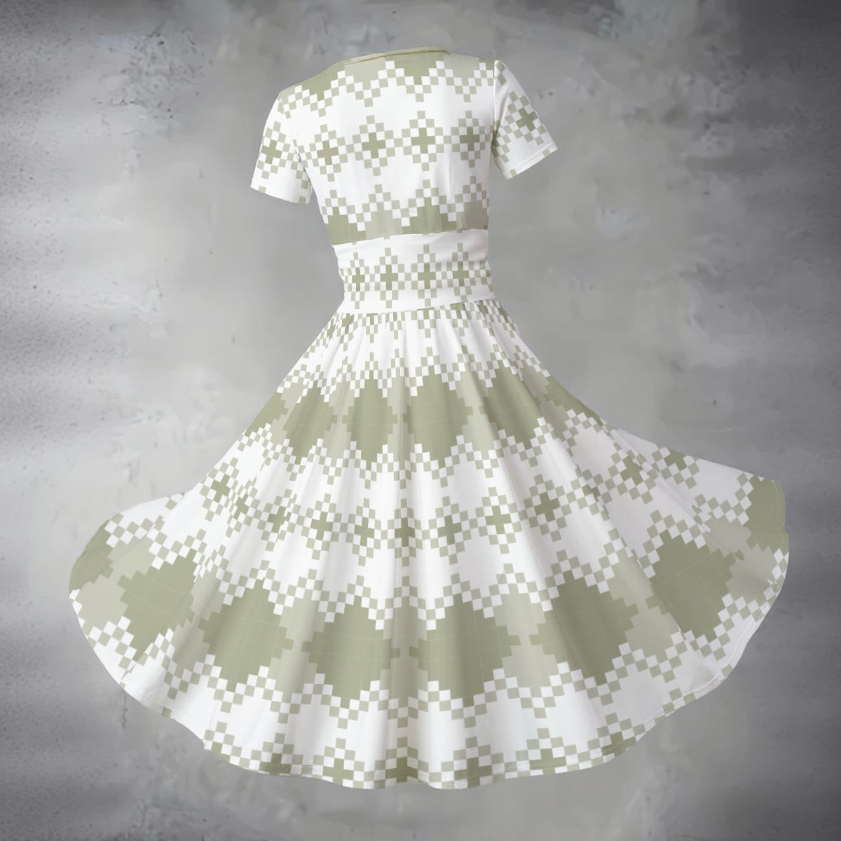 Ptahra Women's White/Green Checkered Type Pattern Short Sleeve V Neck Midi Dress