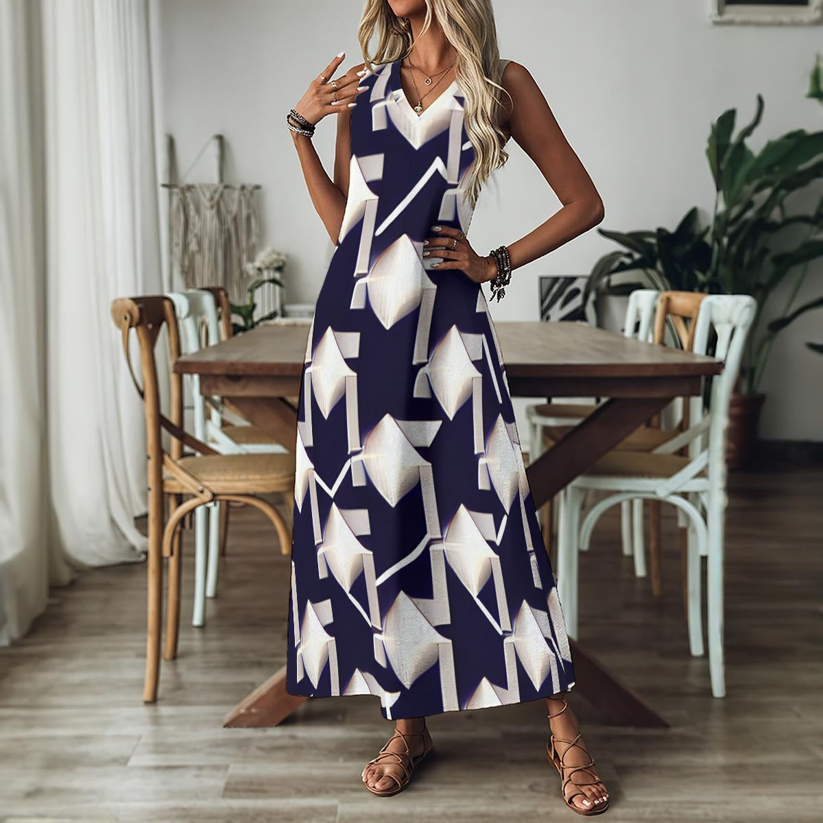 Ptahra Women's Navy Blue/White Diamond Pattern V-Neck Long Dress