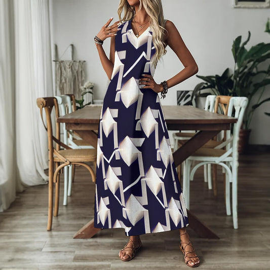 Ptahra Women's Navy Blue/White Diamond Pattern V-Neck Long Dress