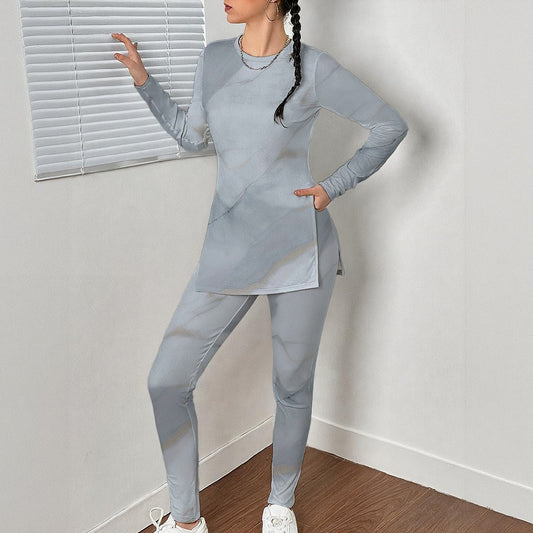 Ptahra B Women's Grey Stone Pattern Side Split T-shirt Set