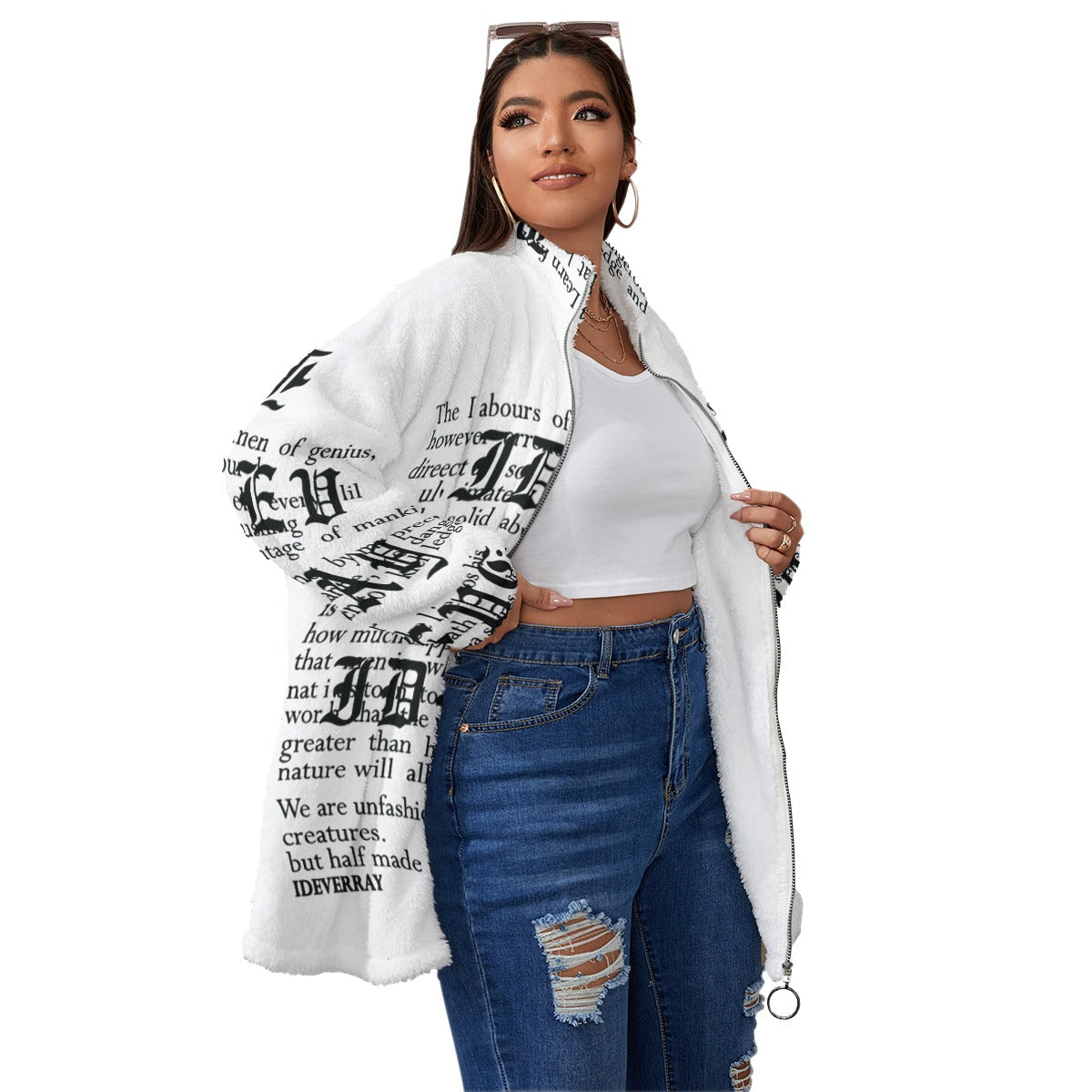 Ptahra B White/Black Writing Borg Fleece Stand-up Collar Coat With Zipper Closure(Plus Size)