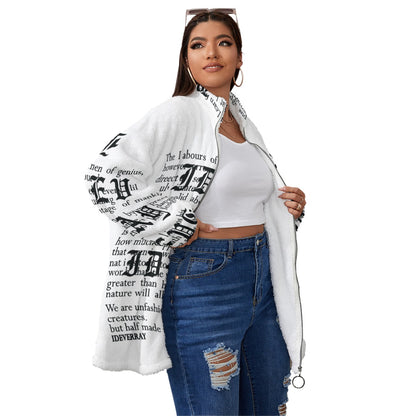 Ptahra B White/Black Writing Borg Fleece Stand-up Collar Coat With Zipper Closure(Plus Size)
