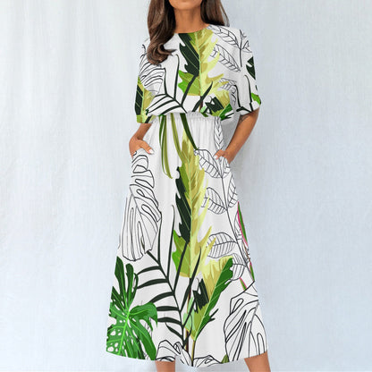 Ptahra B Women's Green Leaf Pattern on White Elastic Waist Dress