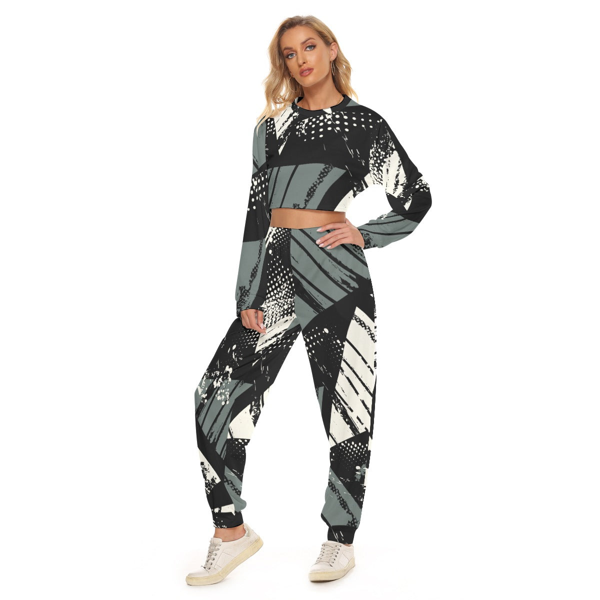Ptahra B Women's Black/Grey/White Graphic/ Sporty Crop Sweatshirt Suit