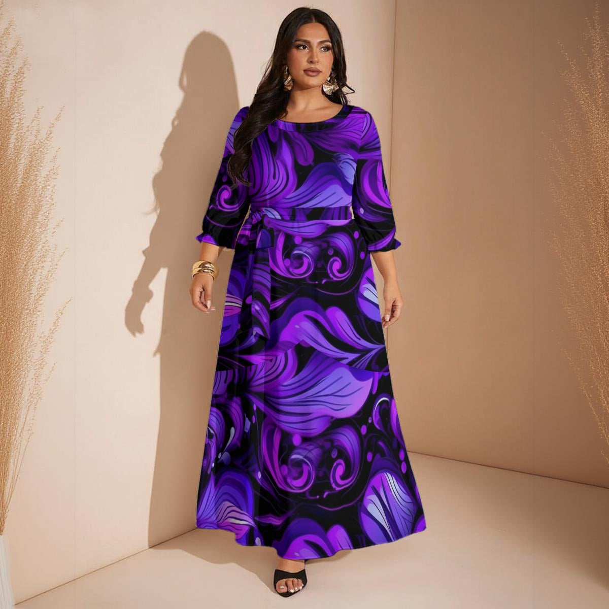 Ptahra Women’s Black/Purple Leaf Swirl Maxi Dress