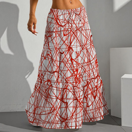 Ptahra Women's White/Red Squiggly Line Pattern Pleated Long Skirt
