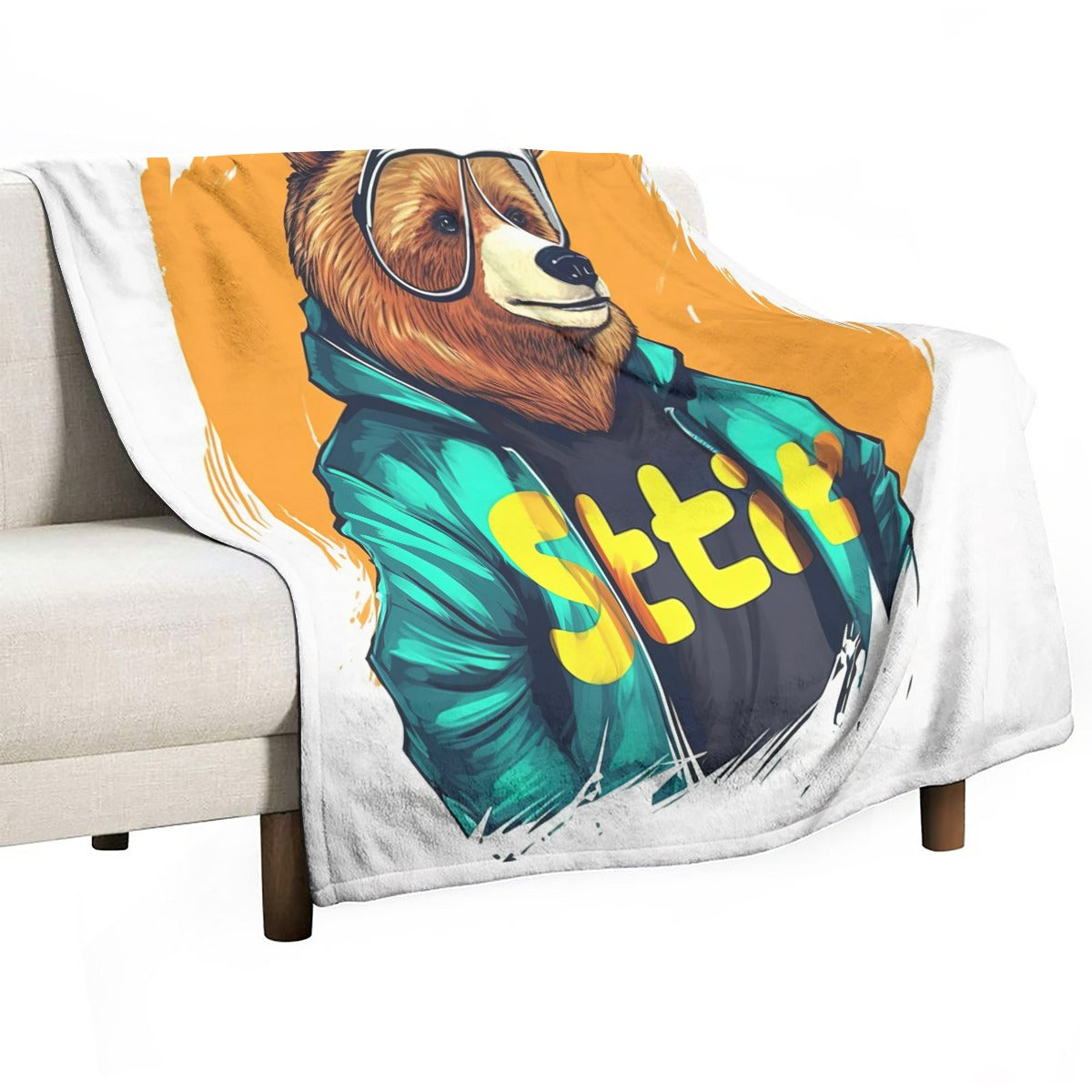 Ptahra White Cool Bear Single-Side Flannel Blanket