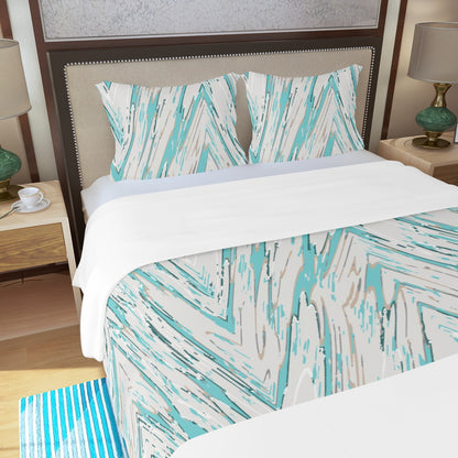 Ptahra B Turquoise Zigzag Wood Pattern Three Piece Duvet Bedding Set