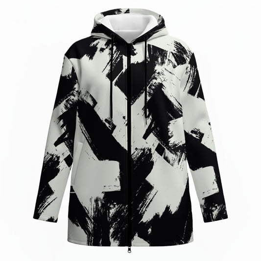Ptahra Women’s Off White/Black Artistic Stroke Design Plush Lined Hoodie Jacket