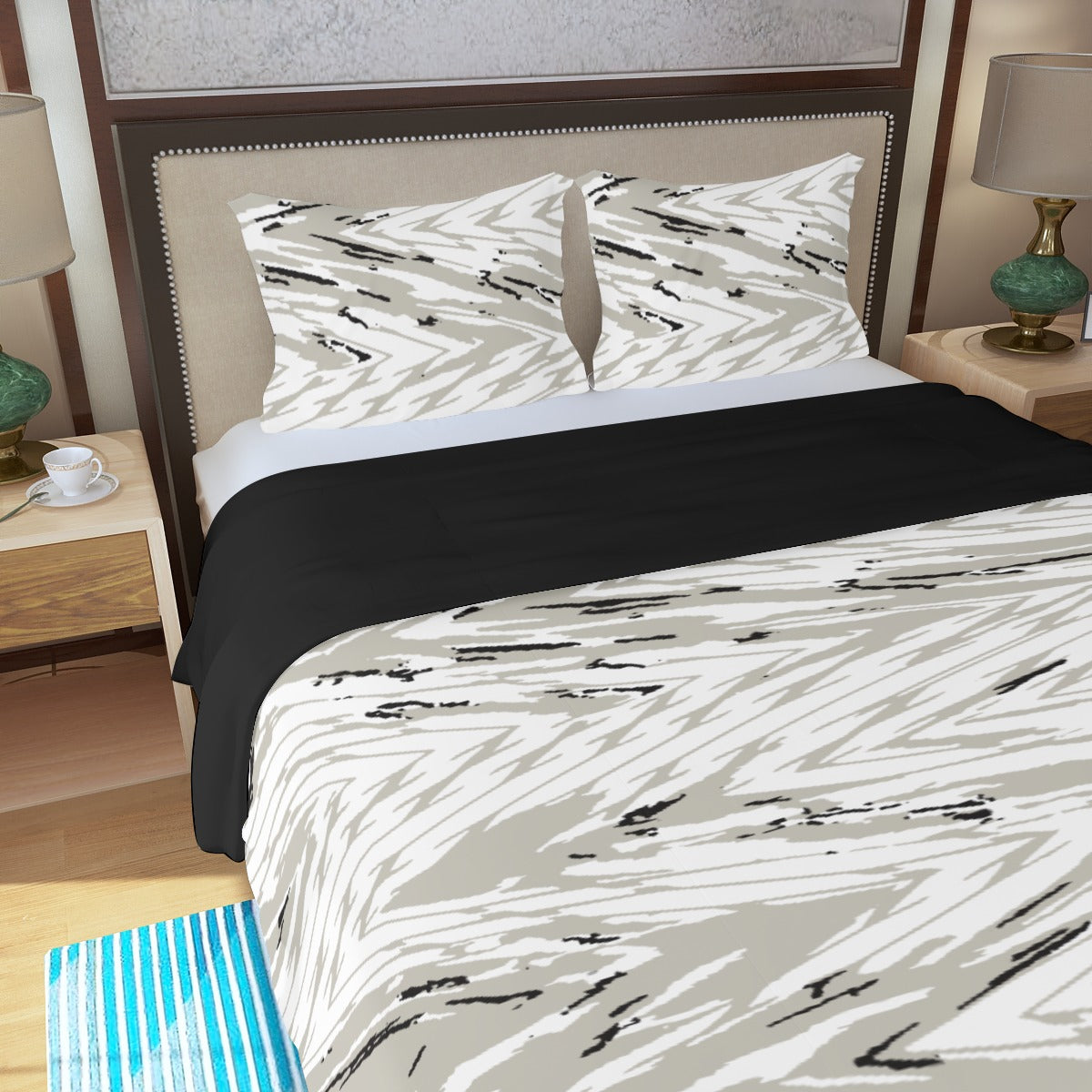 Ptahra B Grey/White Zigzag Art Style Three Piece Duvet Bedding Set