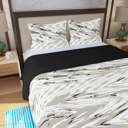 Ptahra B Grey/White Zigzag Art Style Three Piece Duvet Bedding Set