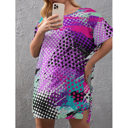 Ptahra B Women's Retro Style Drop-Shoulder T-Shirt with Side Split and Shorts (Plus Size)