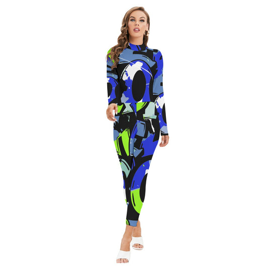 Ptahra B Women's Blue/Grey/Lime Green Graphic Art Long-sleeved High-neck Jumpsuit with Zipper