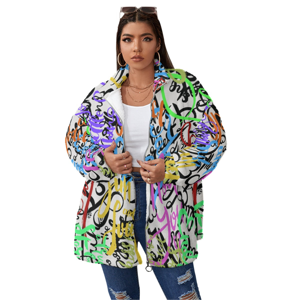 Ptahra B Graphic Borg Fleece Stand-up Collar Coat With Zipper Closure(Plus Size)