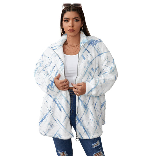 Ptahra B White/Blue Line Pattern Borg Fleece Stand-up Collar Coat with Zipper ClosPlus Size)
