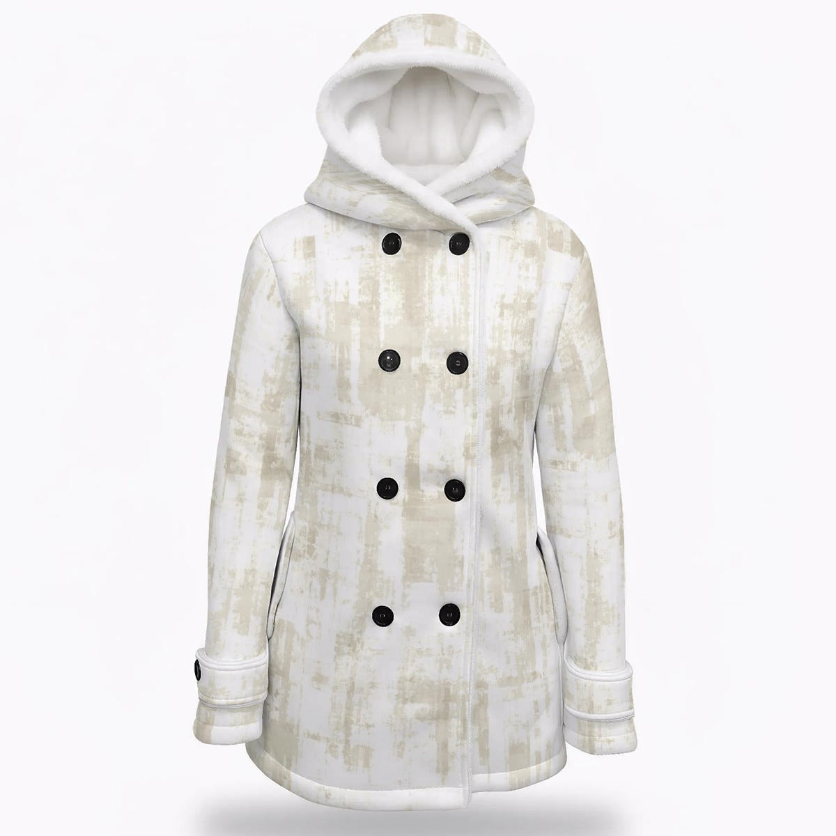 Ptahra Women's White/Light Beige Brush Stroke Hooded Double-Breasted Winter Coat With Fleece