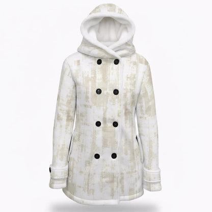 Ptahra Women's White/Light Beige Brush Stroke Hooded Double-Breasted Winter Coat With Fleece