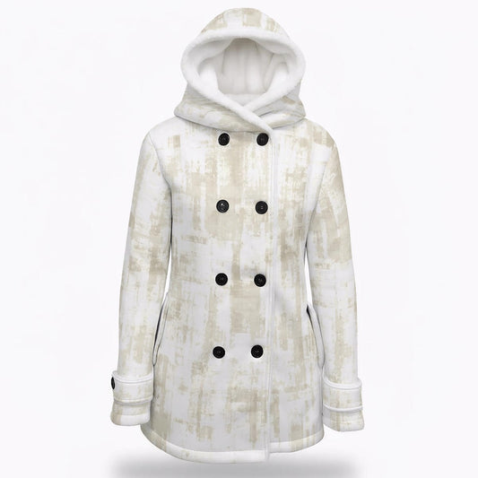 Ptahra Women's White/Light Beige Brush Stroke Hooded Double-Breasted Winter Coat With Fleece