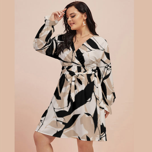 Ptahra B Women's Black/Beige Leaf V-neck Dress with Waistband