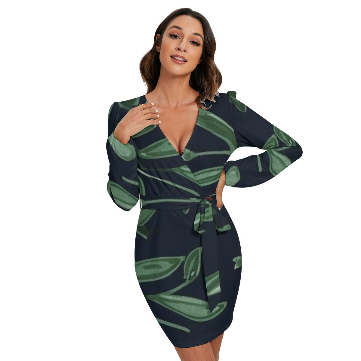 Ptahra B Green Floral Women's Long Sleeve Dress with Waist Belt
