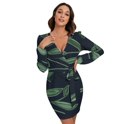 Ptahra B Green Floral Women's Long Sleeve Dress with Waist Belt