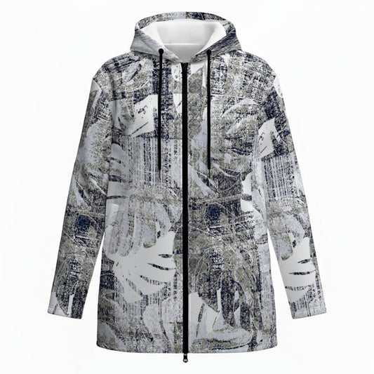 Ptahra Women’s Navy Blue/Grey/White Leaf Floral Plush Lined Hoodie Jacket