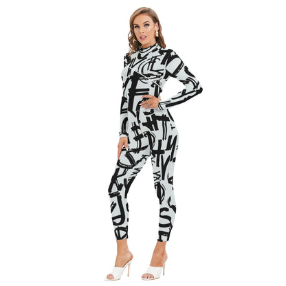 Ptahra B Women's White/Black Lettering Long-sleeved High-neck Jumpsuit with Zipper
