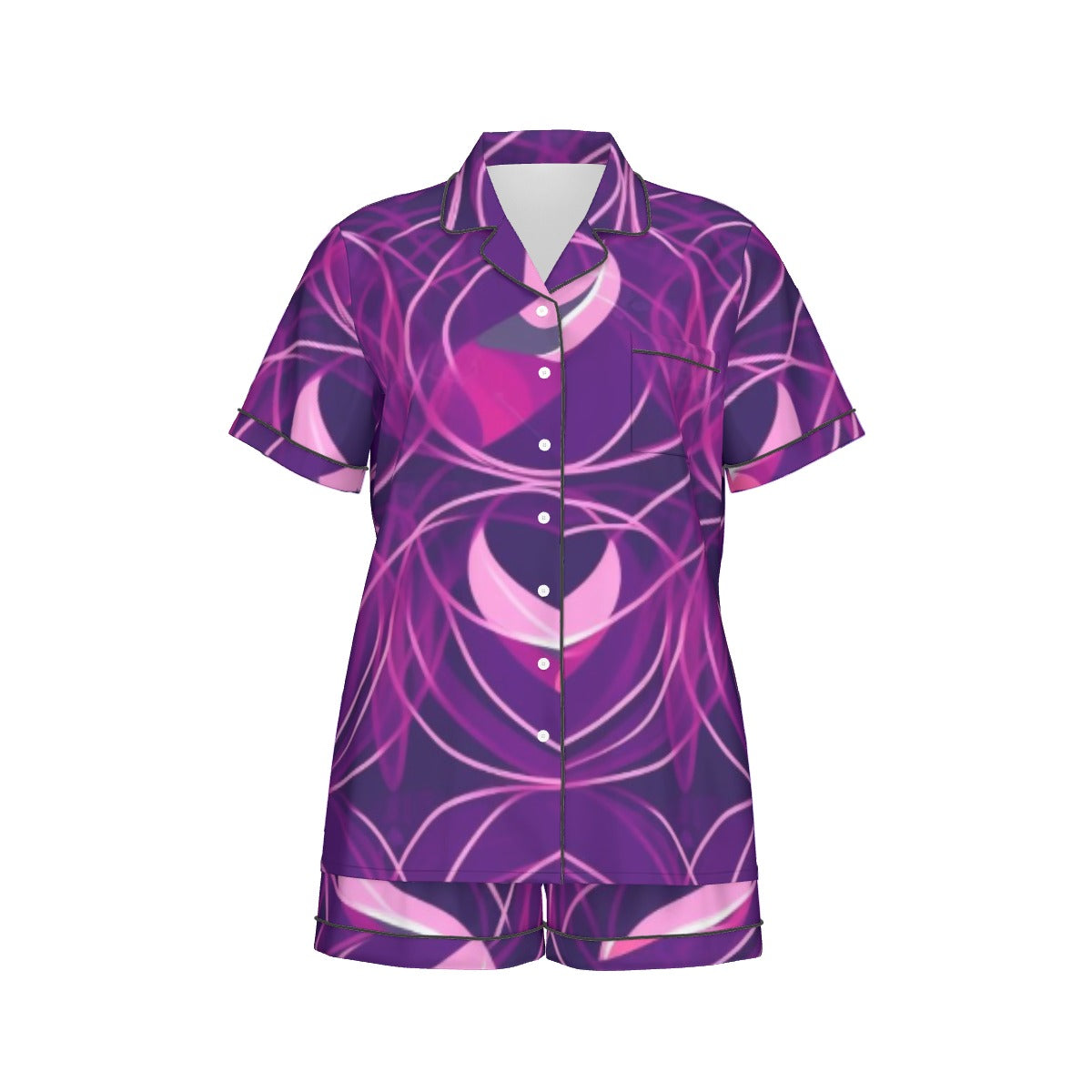 Ptahra B Purple Design Women's Imitation Silk Pajama Set With Short Sleeve
