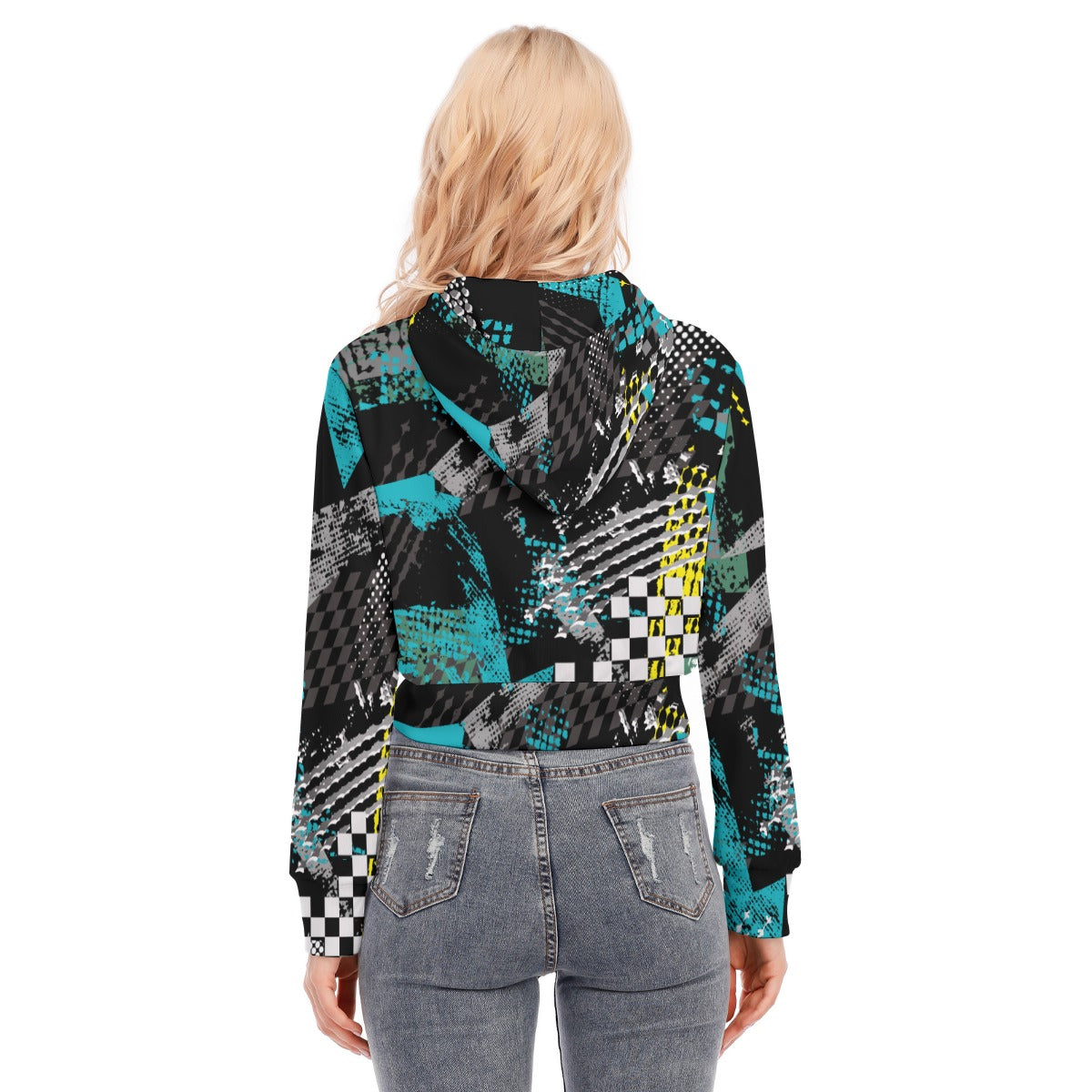 Ptahra B Black/Turquoise/Yellow/Grey Graphic Women's Crop Top Hoodie with Zipper Closure