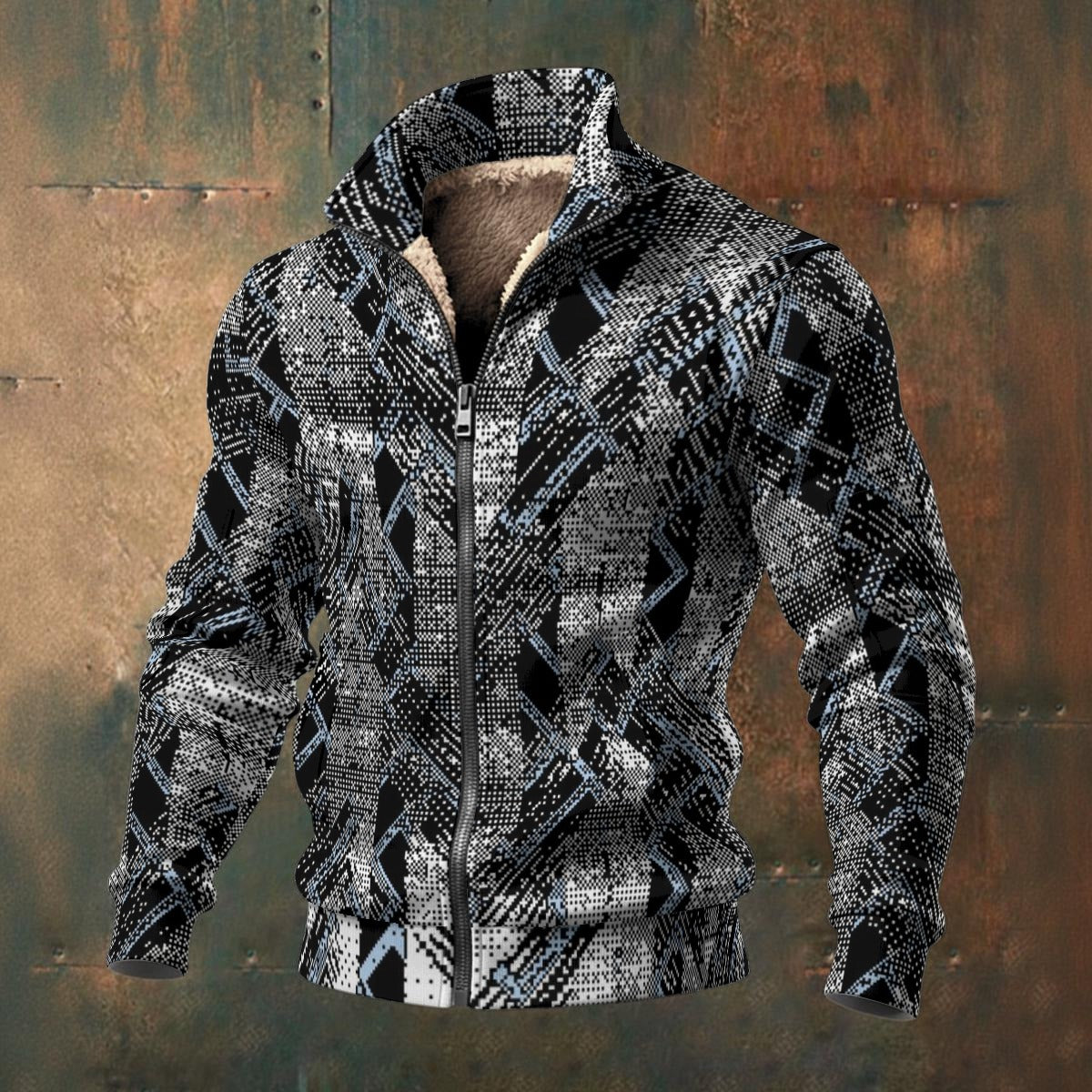Ptahra Men's Graphic Artistic Design Thick Knit Fleece Jacket