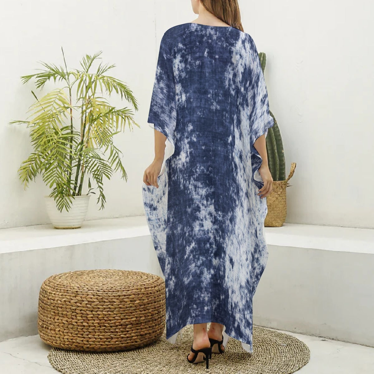 Ptahra B Women's Blue Tye Dye Style Imitation Silk V-neck Kaftan Robe