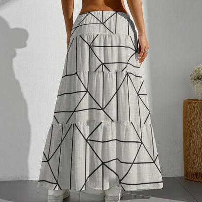 Ptahra Women's Light Grey/ Black Line Pleated Long Skirt