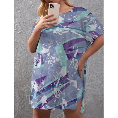 Ptahra B Women's Blue/Purple/White Splat Design Drop-Shoulder T-Shirt with Side Split and Shorts