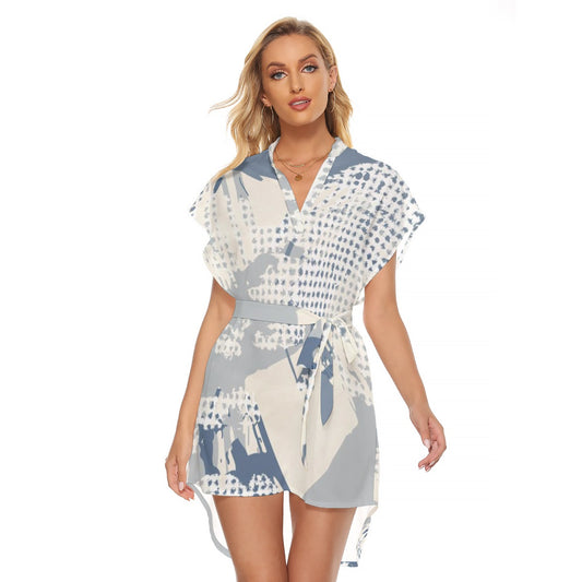 Ptahra B Women's Light Beige/Blue Grey Design Stand-up Collar Casual Dress with Belt