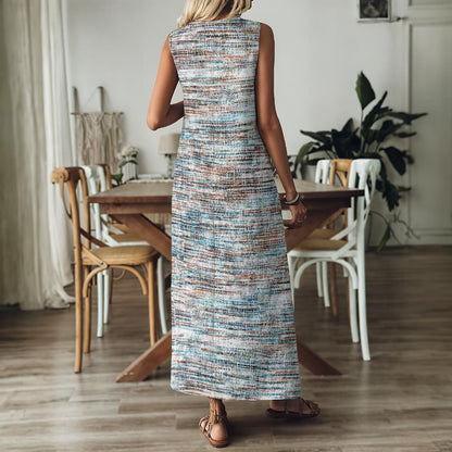 Ptahra Women's Multi-Color Line Pattern V-Neck Long Dress