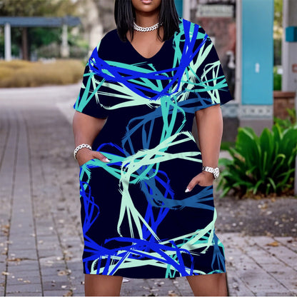 Ptahra B Women's V Neck Short Sleeve Dress/Plus Size