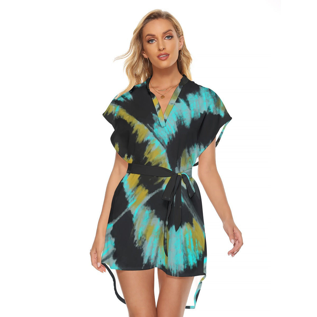 Ptahra B Women's Black/Turquoise with Mustard Yellow Stand-up Collar Casual Dress with Belt