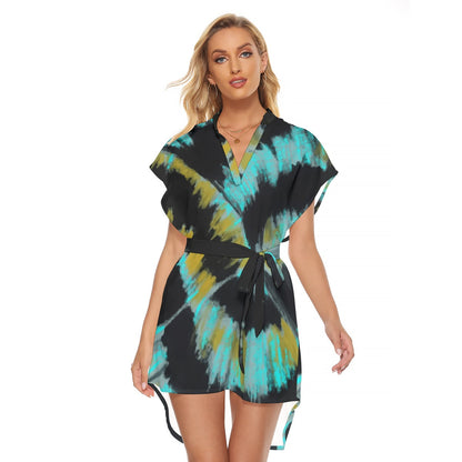 Ptahra B Women's Black/Turquoise with Mustard Yellow Stand-up Collar Casual Dress with Belt