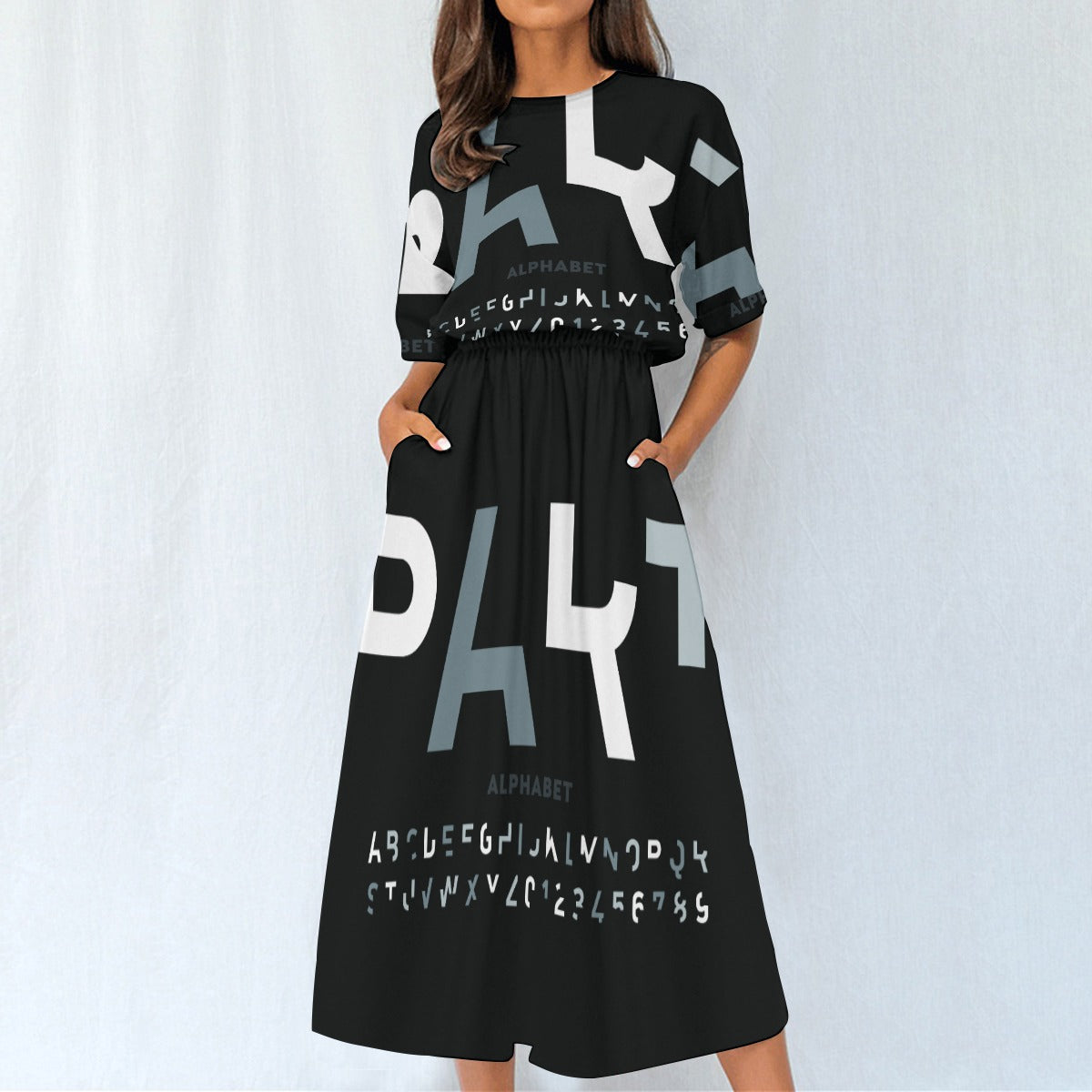 Ptahtra B Women's Black with Lettering Elastic Waist Dress