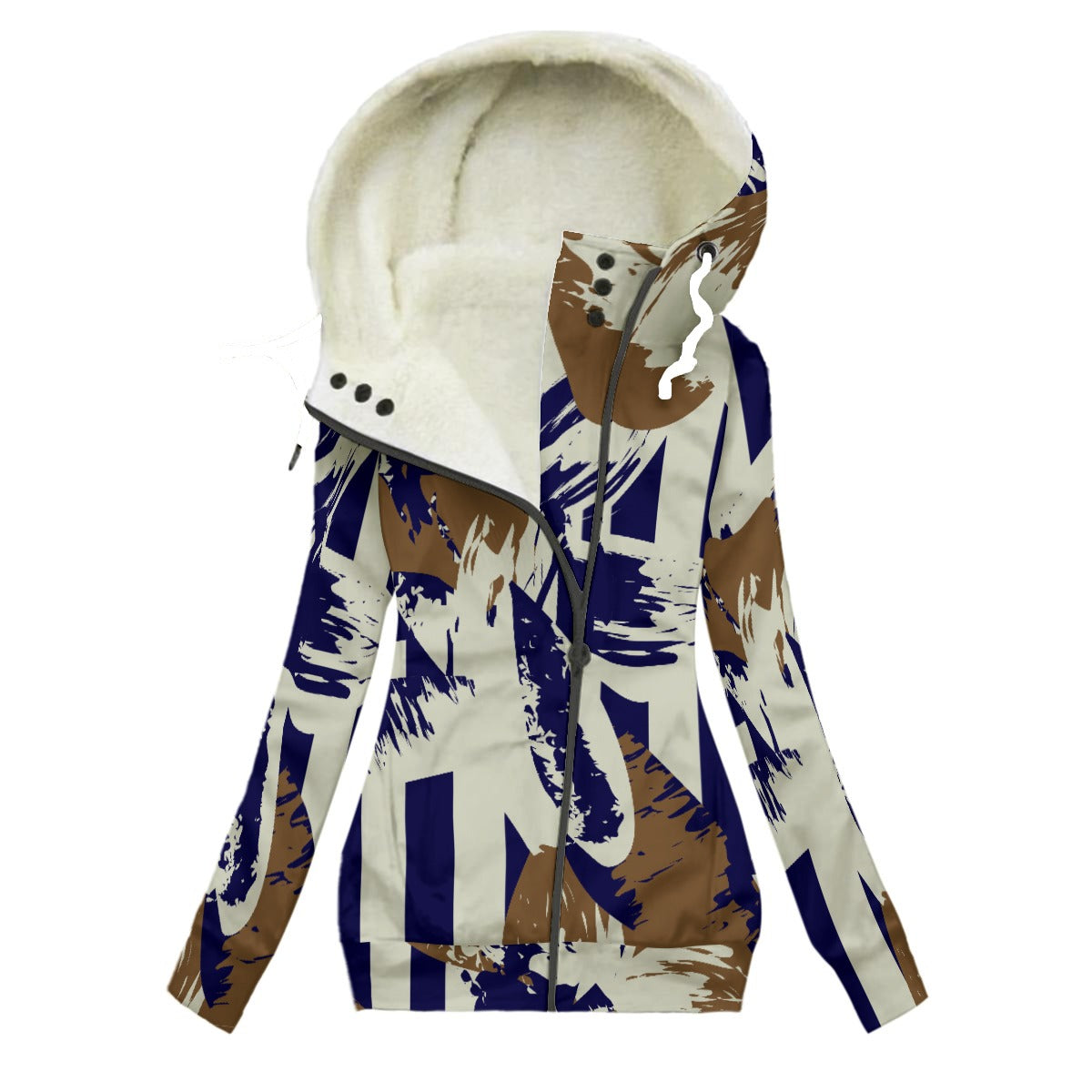 Ptahra Women's Light Beige/Navy Blue/ Brown Artistic Long Jacket With Fleece Lining