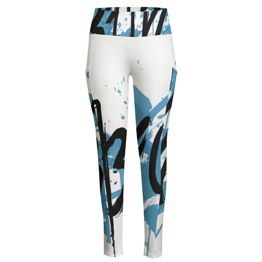 Ptahra B Women's White/Blue Black Design High Waist Leggings With Side Pocket