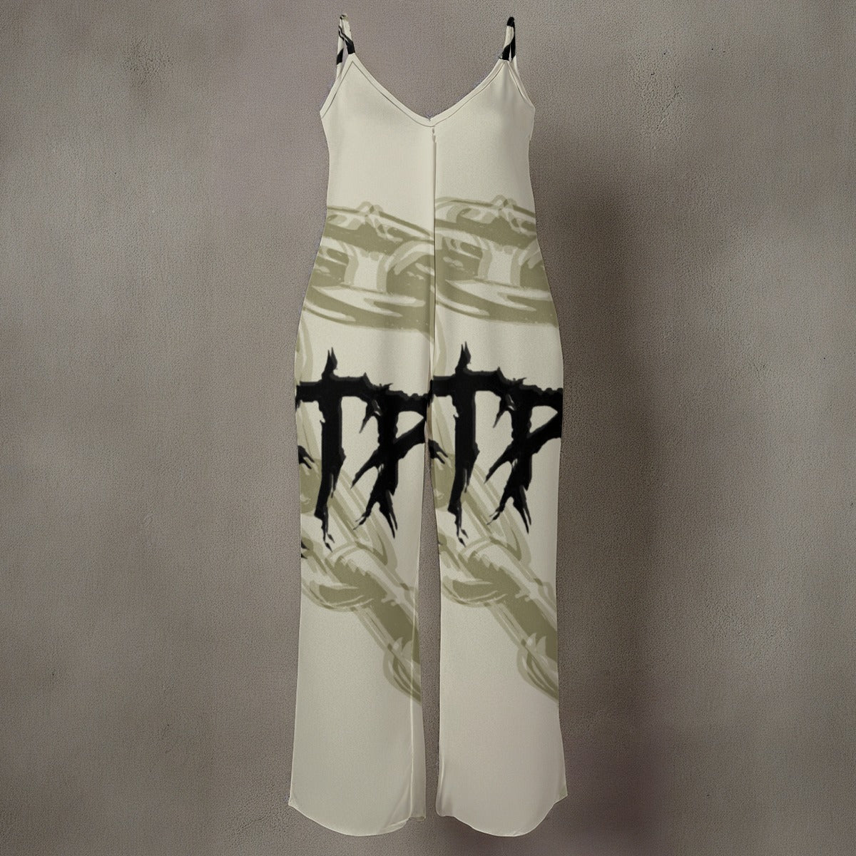 Ptahra B Women’s Green/Black Lettering Spaghetti Strap Wide-Leg Jumpsuit