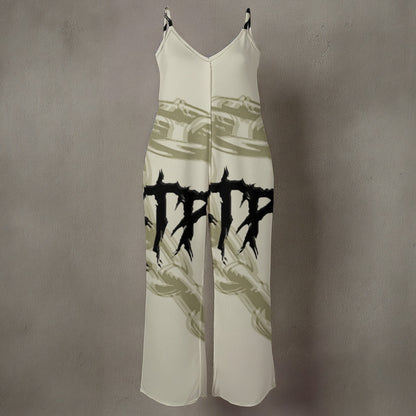 Ptahra B Women’s Green/Black Lettering Spaghetti Strap Wide-Leg Jumpsuit