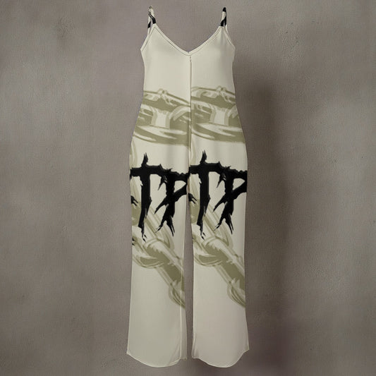 Ptahra B Women’s Green/Black Lettering Spaghetti Strap Wide-Leg Jumpsuit