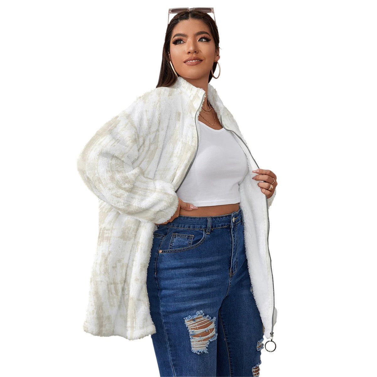 Ptahra B Borg Fleece Stand-up Collar Coat With Zipper Closure (Plus Size)