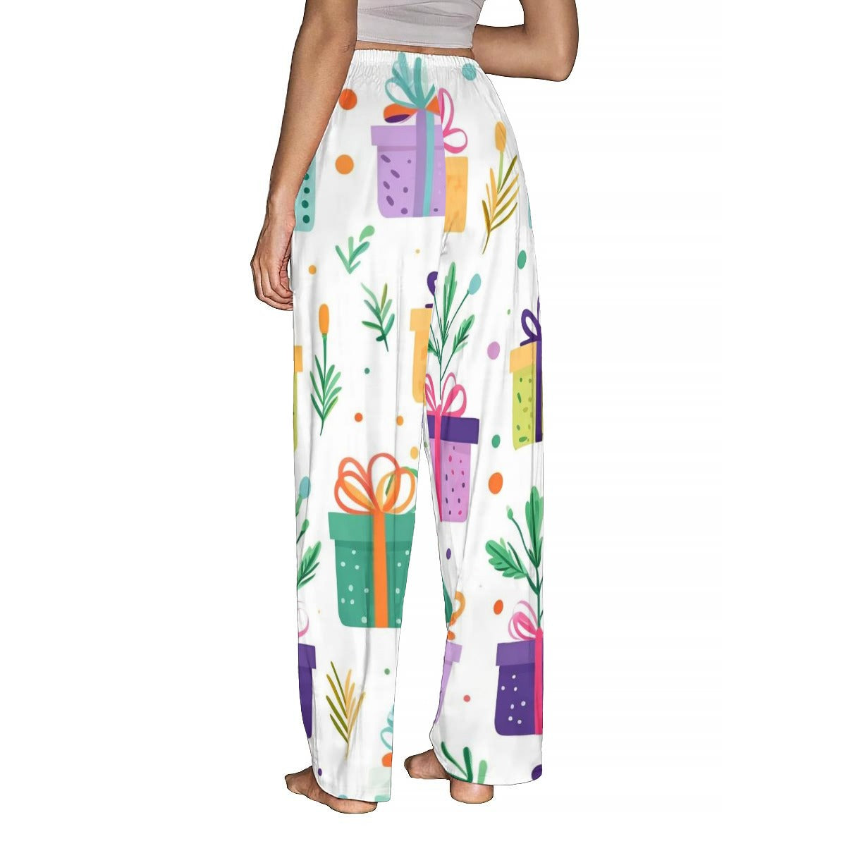 Ptahra Women's White/Multi-Color Christmas Present's Pajama Pants