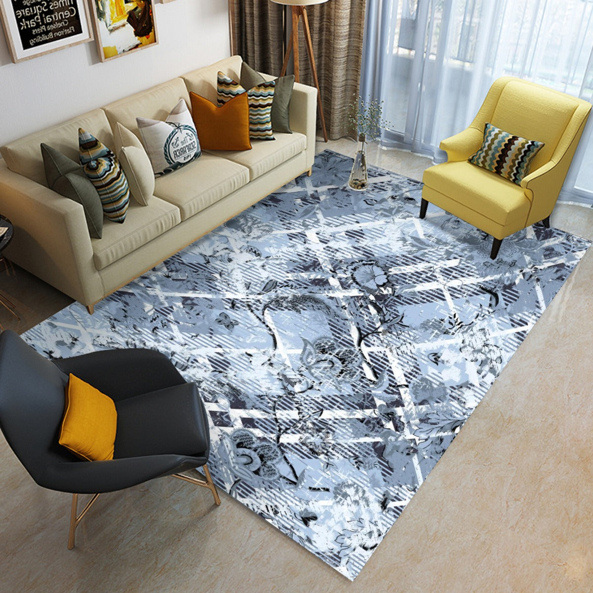 Ptahra B Blue Floral/Line Pattern Foldable Rectangular Floor Mat